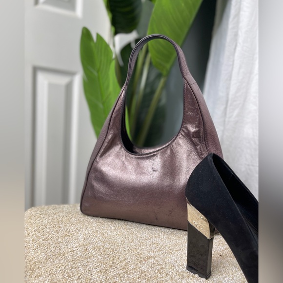 Rare Prada mini asymmetrical hobo leather pewter grey metallic handbag - Picture 3 of 6